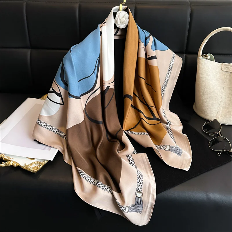 Color: Blue, Size: One Size - New Simple Printed Silk Scarf 90cm Twill Scarf Women Korean Style Large Square Scarf Sunscreen Shawl Headscarf Female Luxury