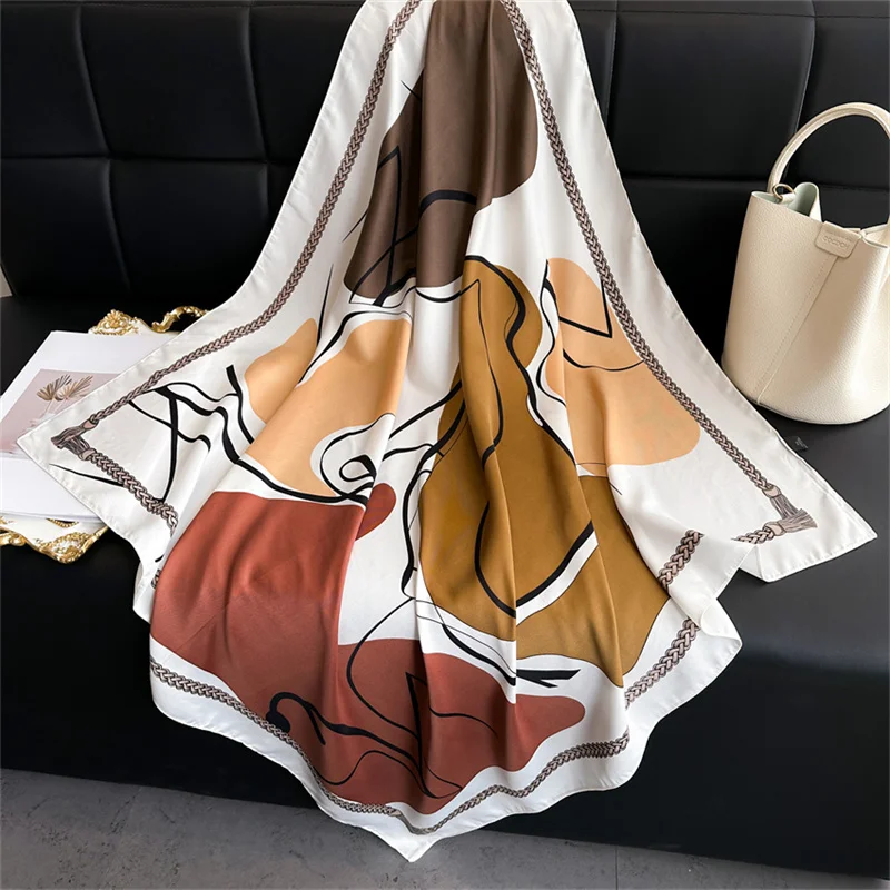 Color: Blue, Size: One Size - New Simple Printed Silk Scarf 90cm Twill Scarf Women Korean Style Large Square Scarf Sunscreen Shawl Headscarf Female Luxury