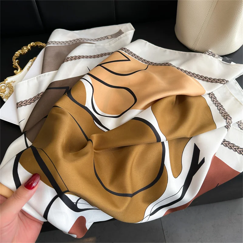 Color: Blue, Size: One Size - New Simple Printed Silk Scarf 90cm Twill Scarf Women Korean Style Large Square Scarf Sunscreen Shawl Headscarf Female Luxury