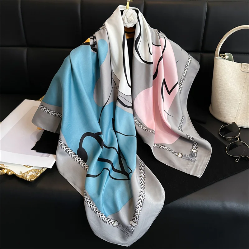 Color: Blue, Size: One Size - New Simple Printed Silk Scarf 90cm Twill Scarf Women Korean Style Large Square Scarf Sunscreen Shawl Headscarf Female Luxury