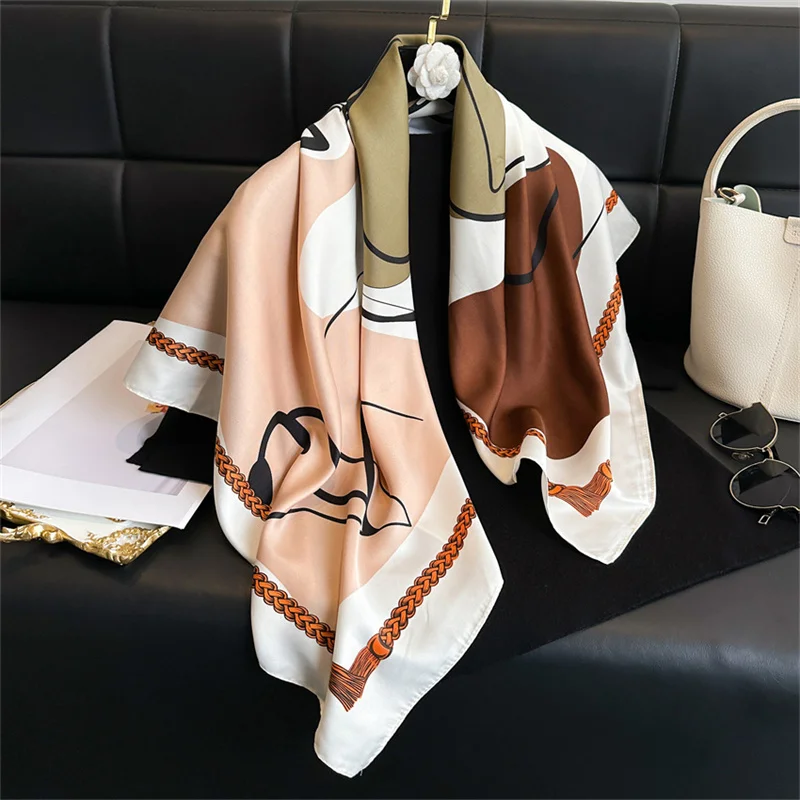 Color: Blue, Size: One Size - New Simple Printed Silk Scarf 90cm Twill Scarf Women Korean Style Large Square Scarf Sunscreen Shawl Headscarf Female Luxury