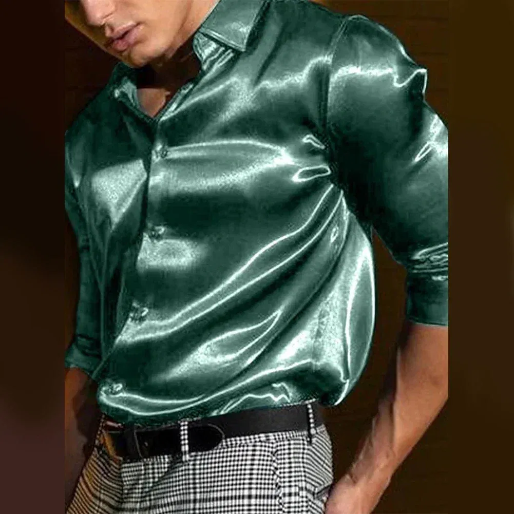 Color: green, Size: XL, Ships From: CHINA - Casual Men's Satin Silk Dress Shirts Long Sleeve Social Single Breasted Button Turn-Down Collar Shirts Wedding Party Men Clothes