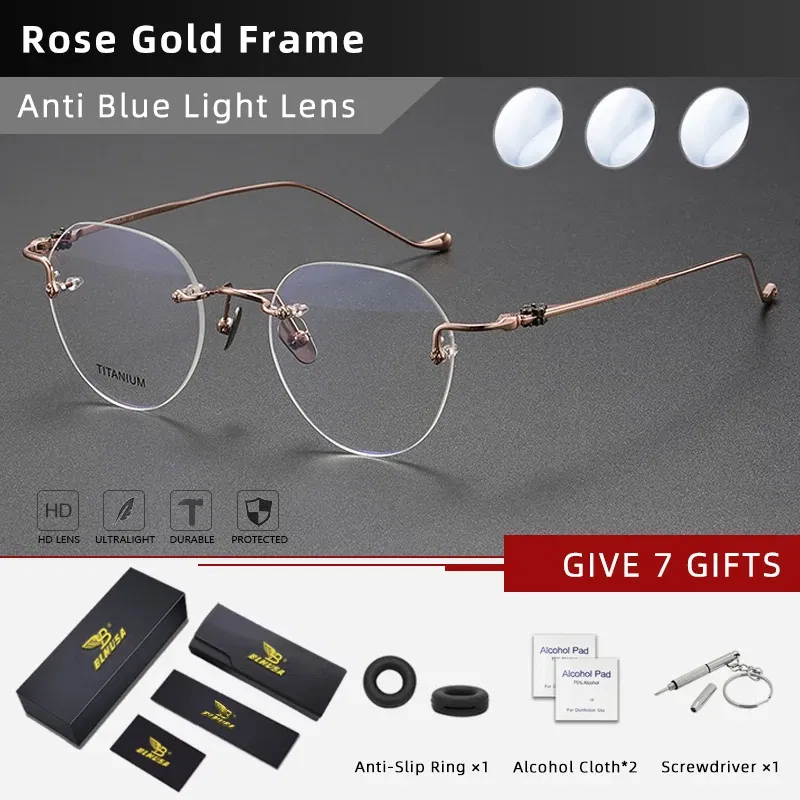 Frame Color: Pink, Eye Prescription: +100 - BLMUSA Pure Titanium Rimless Anti-blue Light Reading Glasses for Men Round Photochromic Optical Prescription with MR-8 lens