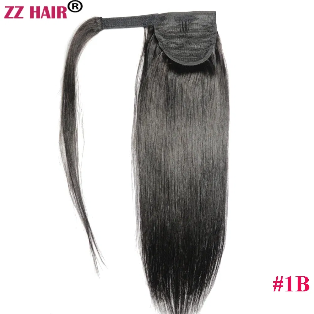 Color: #1B, Life Span: 6 Months With Proper Care, Stretched Length: 20inches, Longest Hair Proportion: 35%-45% - ZZHAIR 100% Human Hair Extensions 16"-28" Machine Made Remy Magic Wrap Around Ponytail 60g-120g Clip In Horsetail Stragiht