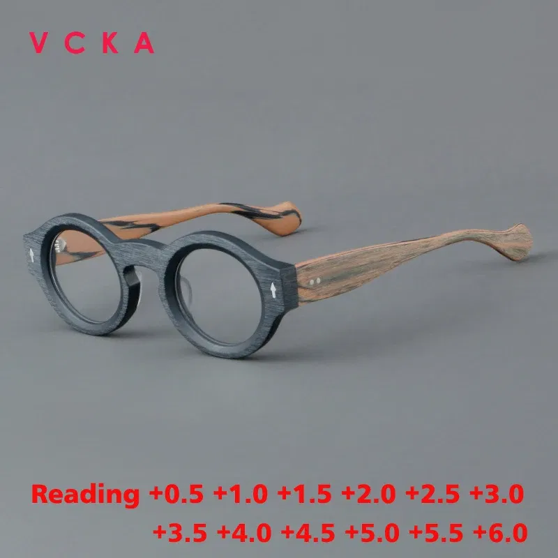 Frame Color: Blue, Eye Prescription: +350 - VCKA Round Acetate Reading Glasses Frame Retro Men Prescription Anti-blue discolor Women Custom Optics Retro Eyewear +0.50to +10