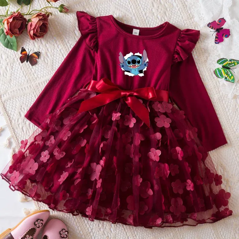 Color: Turquoise, Size: One Size, Height: 170 - Lilo Stitch Girl Baby Dresses Spring Autumn Child Long Sleeve Sweet Princess Dress Mesh Newborn Casual Dress Birthday Party 2-6Y