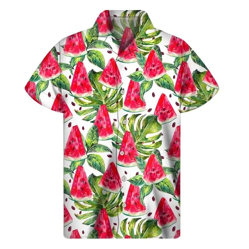 Color: Pink, Size: XXL - Tropical Watermelon Graphic Hawaiian Shirt Summer Street Short Sleeves 3d Printed Fruits Button Shirts Men Clothes Lapel Blouse