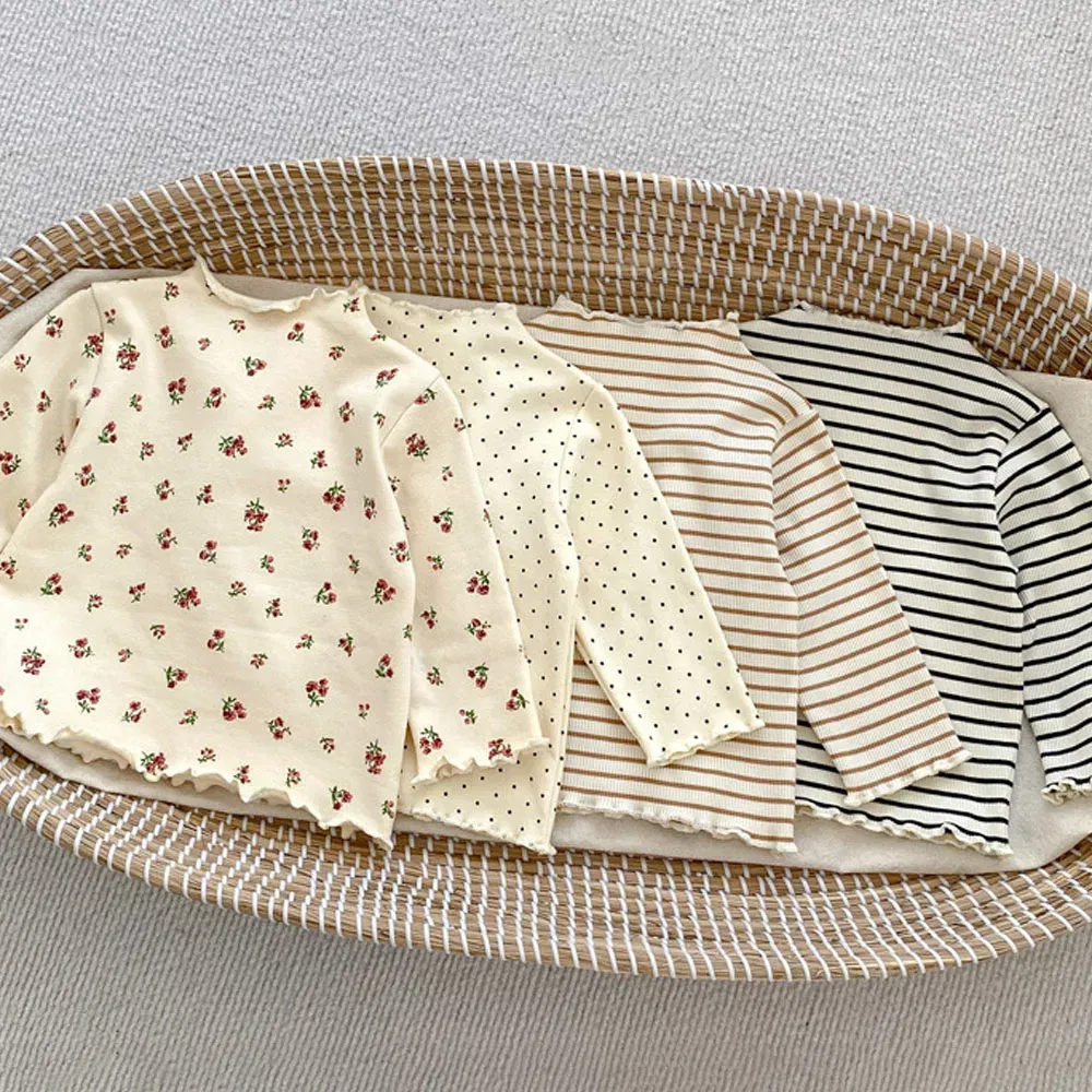 Color: Beige, Kid Size: 12M - New Baby Long Sleeve T Shirt Girls Cotton Casual Tees Infant Ruffled Versatile Shirts Kids Floral Striped Bottoming Tops