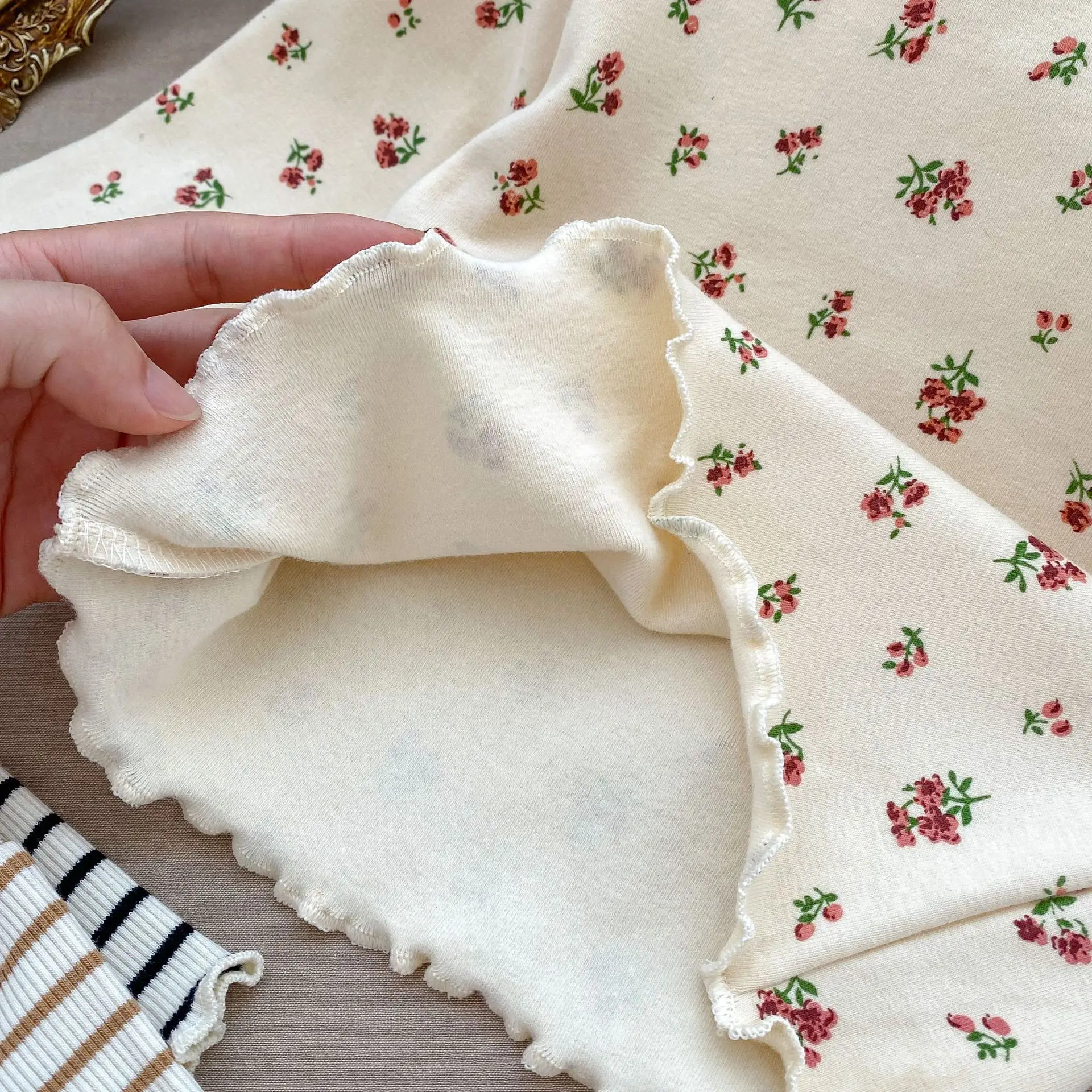 Color: Beige, Kid Size: 12M - New Baby Long Sleeve T Shirt Girls Cotton Casual Tees Infant Ruffled Versatile Shirts Kids Floral Striped Bottoming Tops