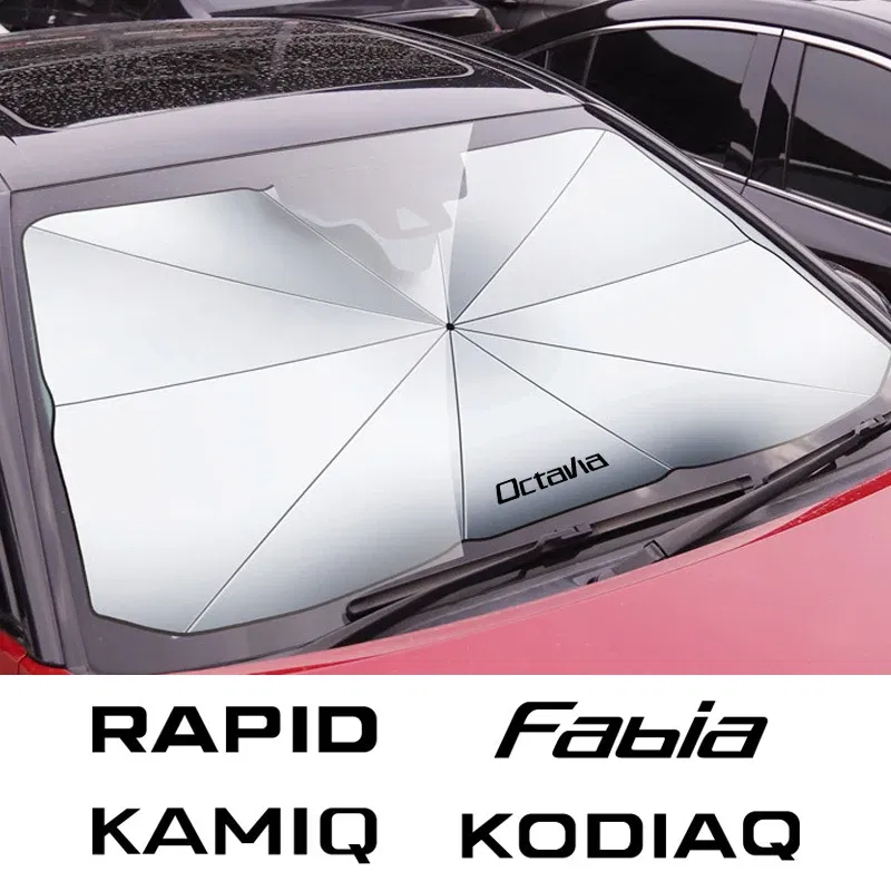 Color: Silver - Car Windshield Sunshade Umbrella Car Front Shading For Skoda Octavia Fabia Rapid Superb Kodiaq Scala Karoq Citigo Kamiq Enyaq