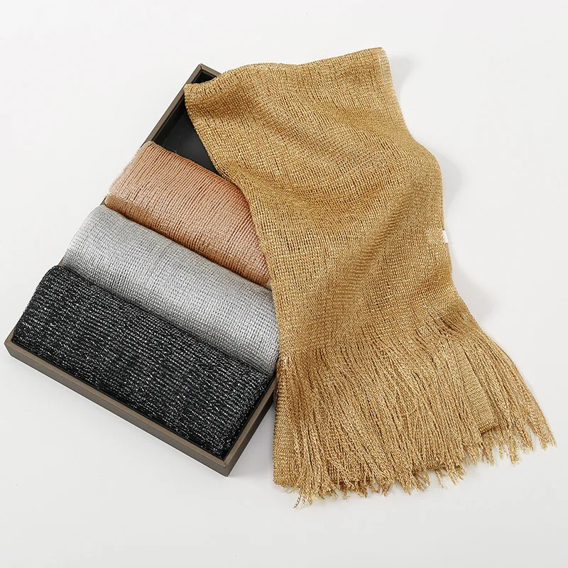 Color: Blue, Size: XXS - Fashion Bright Silk Sunscreen Shawl Hijab Gold Silver Shiny Scarves For Women Lace Tassel Party Evening Dress Scarf