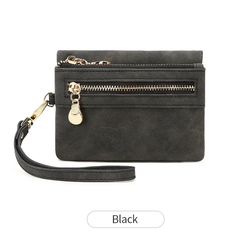 Color: black - Retro foldingzipper wallet high-quality PUleather portablemultifunctional women's walletfashionable withID card window wrist bag