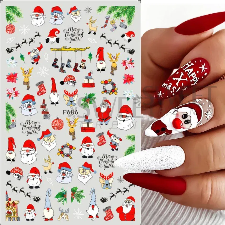 Color: Sky Blue - 5D Embossed Elk Nail Art Sticker Cute Christmas Winter Santa Claus Snowflake Gingerbread Man Engraved Slider Manicure Decoration