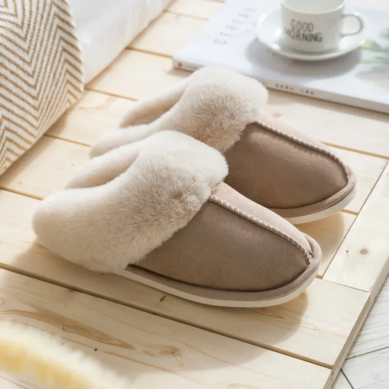 Color: Khaki, Shoe Size: 36 - Women's Faux Fur Slippers 2024 New Warm Thicked Plush Bedroom Sandals Woman Comfort Soft Sole Home Couple Winter Shoes Slides