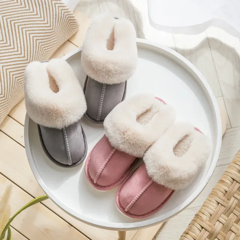 Color: Khaki, Shoe Size: 36 - Women's Faux Fur Slippers 2024 New Warm Thicked Plush Bedroom Sandals Woman Comfort Soft Sole Home Couple Winter Shoes Slides