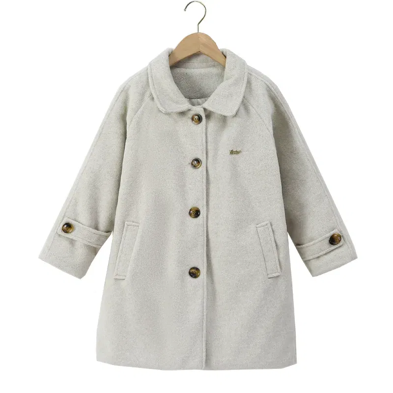 Color: Blue, Kid Size: 5 - Winter Girls Wool Coat Long Double-faced Tweed Overcoat for Kids Fashion Casual Grey 10 12 14 Years Teenage Children Outerwear
