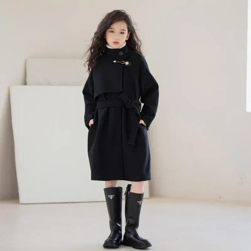 Color: Blue, Kid Size: 5 - Winter Girls Wool Coat Long Double-faced Tweed Overcoat for Kids Fashion Casual Grey 10 12 14 Years Teenage Children Outerwear