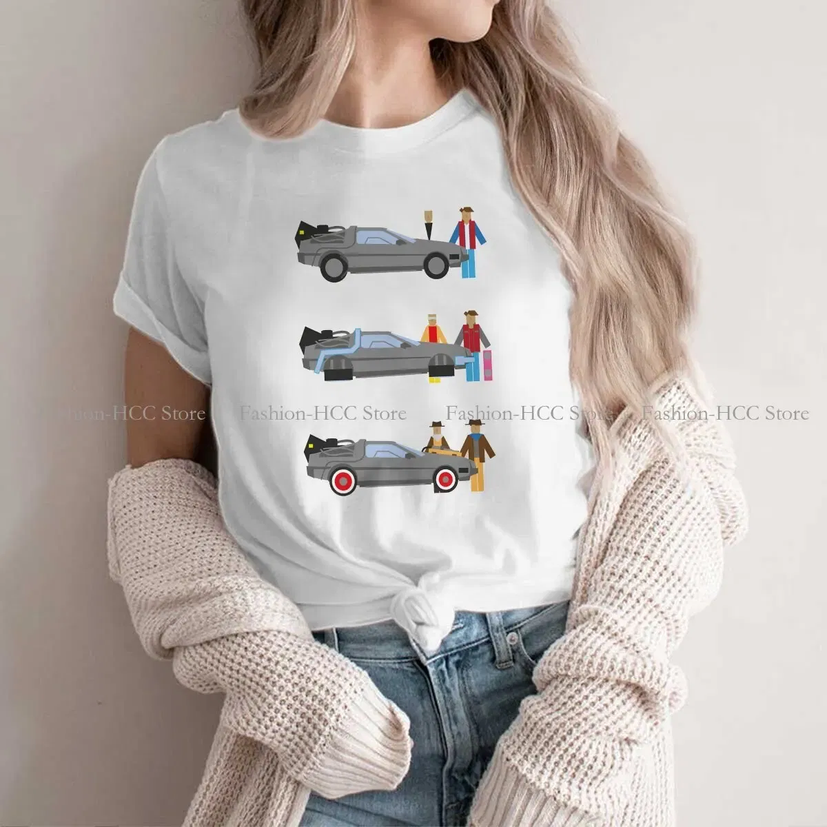 Color: WHITE, Size: L - Delorian Hip Hop Polyester TShirt Back To The Future Style Tops Leisure T Shirt Female Tee