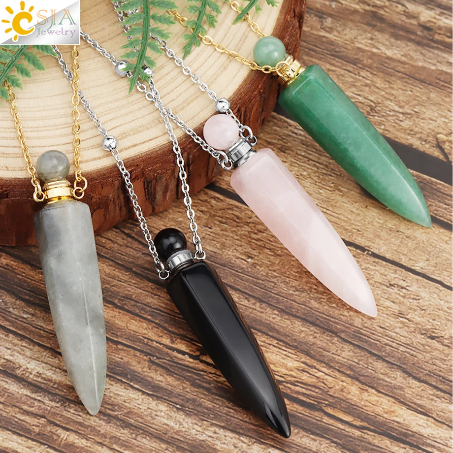 Metal color: Pure Gold Color - CSJA Crystal Perfume Bottle Women Necklace Natural Stone Hexagonal Cone Pendant Reiki Oil Diffuser Necklaces Christmas Gift H358