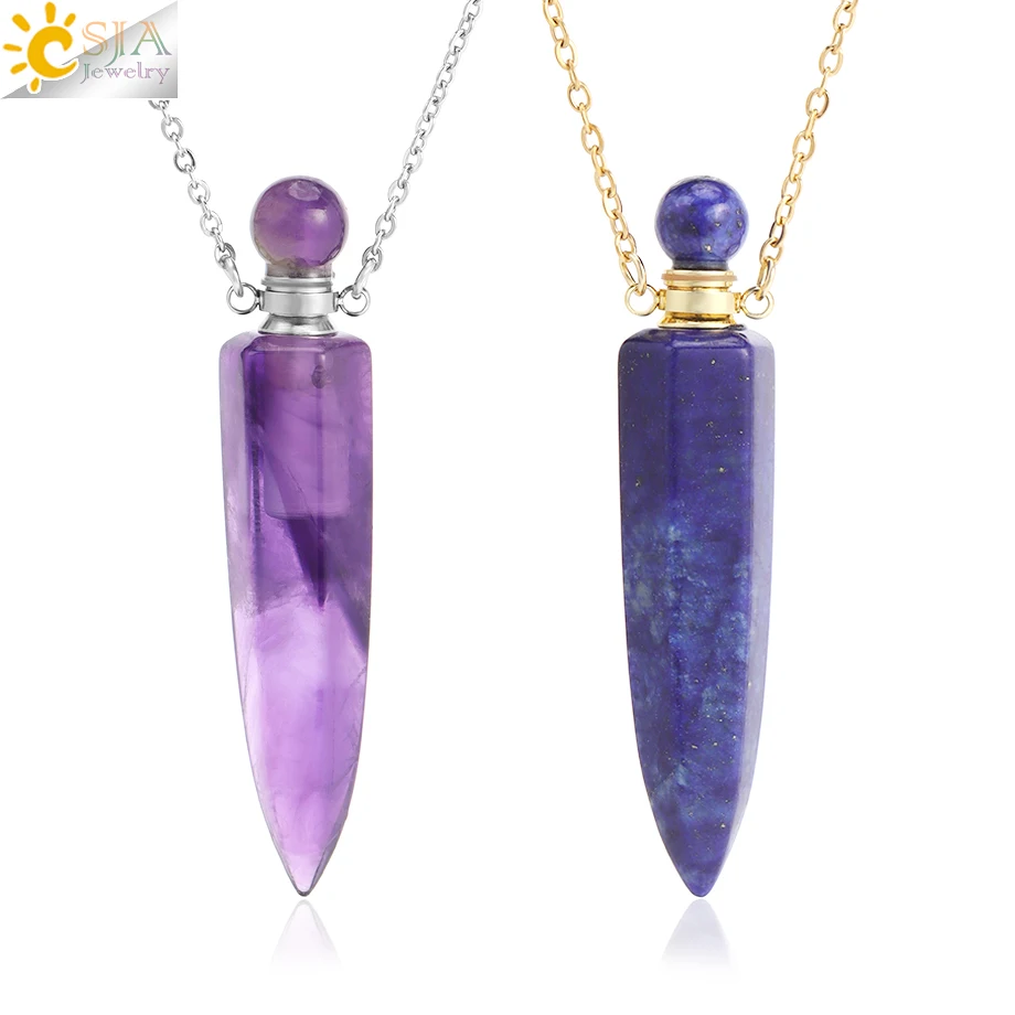 Metal color: Pure Gold Color - CSJA Crystal Perfume Bottle Women Necklace Natural Stone Hexagonal Cone Pendant Reiki Oil Diffuser Necklaces Christmas Gift H358