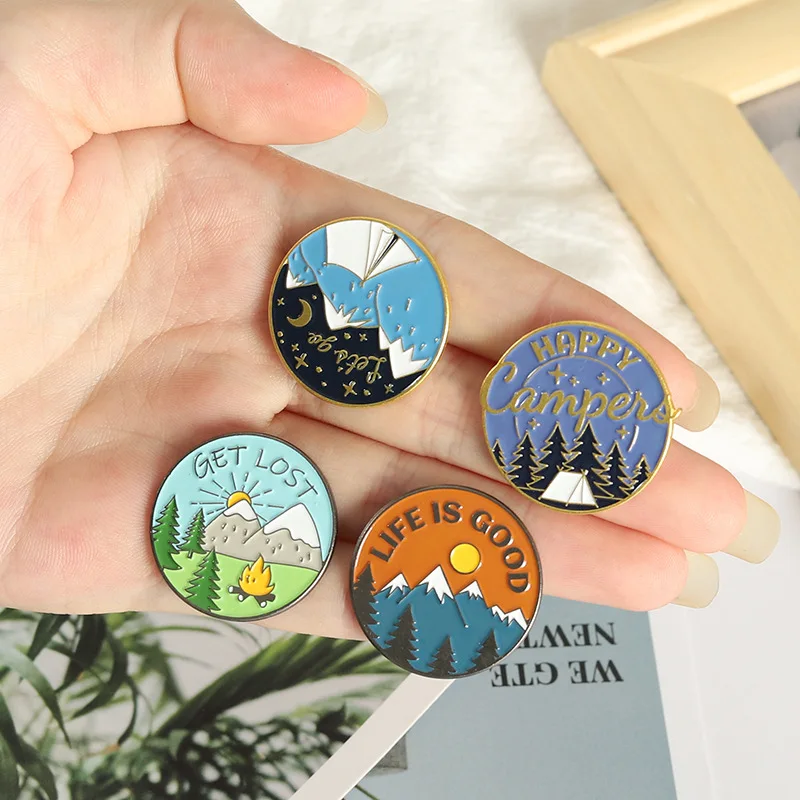 Metal color: RED - Travel Brooch Field Crossing Hiking Scenery Snow Scene Mountain Peak Alloy Clothing Accessories Backpack Brooch Badge Lapel Pins