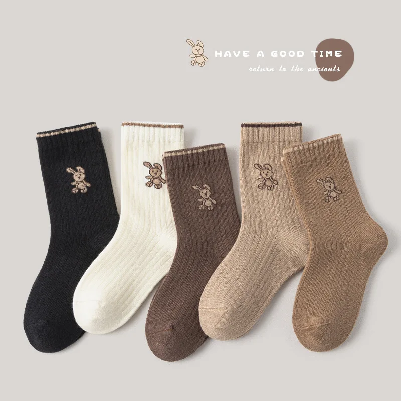 Color: SKY BLUE, Size: 2-3T - Autumn Socks Baby 5 Pairs Cartoon Bunny Pattern Socks Girls Calf Length Children Socks Solid Cotton Socks