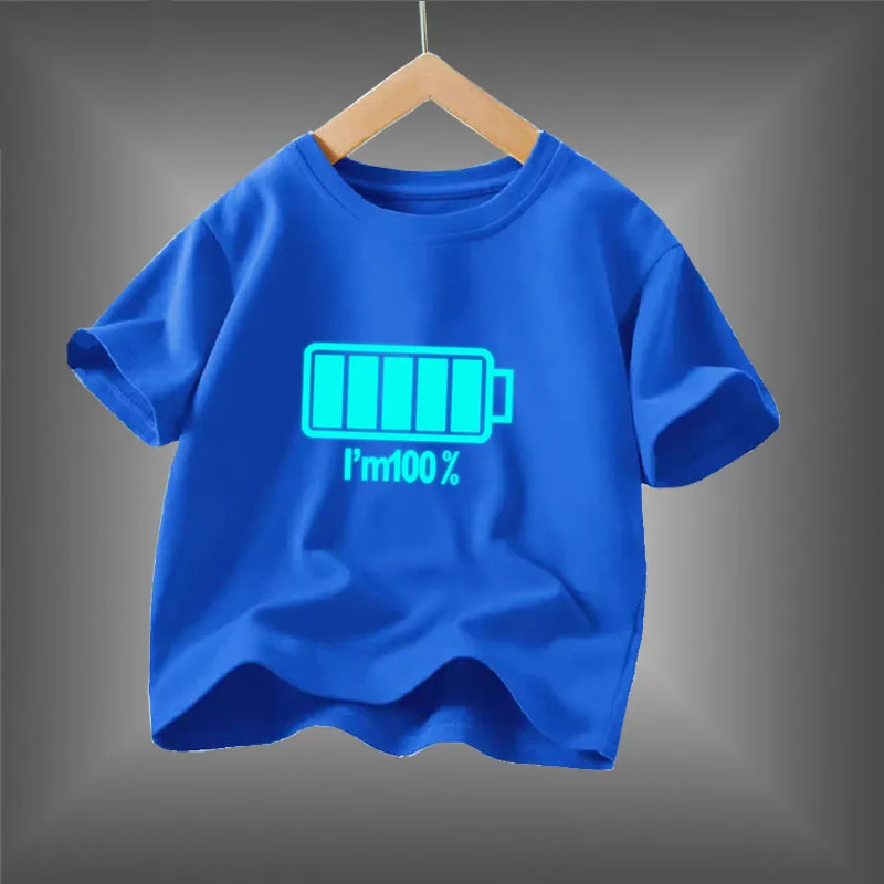 Kid Size: 8T, Color: Black - 2024 New Boys Luminous Battery T Shirts Summer Short Sleeve Children's Clothes Kids Glow In Dark Tees