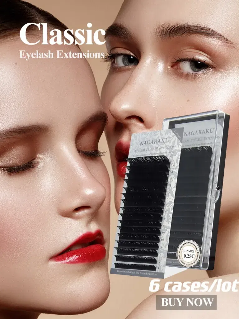 NAGARAKU 6 Cases Classic Mix Eyelash Extension Natural Soft Supplies Synthetic Mink Individual 7-15 Mix 16 Lines High Quality
