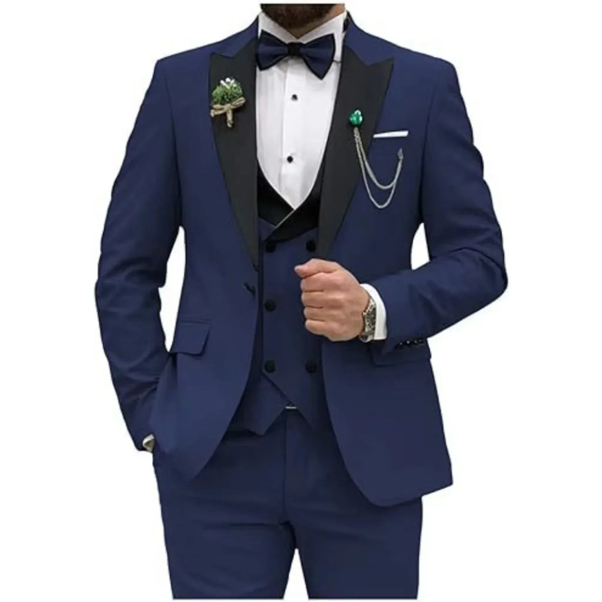 Color: Navy Blue, Size: 6XL - Men Suit Colorful Luxury Blazer Vest And Pant Sets 3 Piece Birthday Dress Business  Prom Evening Party Costumes High Quality