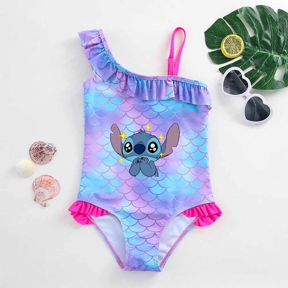 Color: GRAY, Size: XS - Stitch Girls Swimsuit Fashion Mermaid Fish Scale One-Piece Bathing Suits Children's Dresses Summer Swimwear Beach Suit Kids Wear