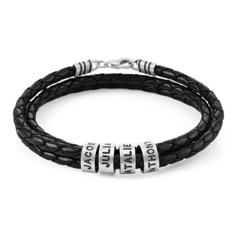 Metal Color: Rhodium Plated, Length: 19cm, Main Stone Color: green - Personalized Names Men Leather Bracelet Braided Leather Bracelet Custom Family Names Bracelet Personalized Men Bracelet Gift