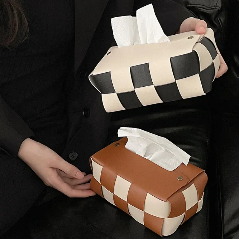 Color: DEEP BLUE - Checkerboard Woven Tissue Box PU Leather Napkin Case Living Room Office Desktop Home Decoration Creative Paper Towel Cover