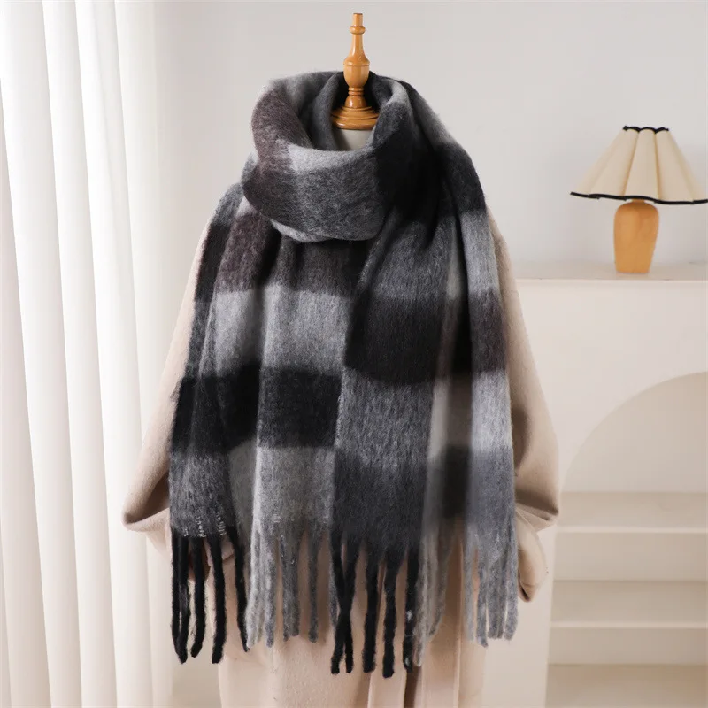 Color: Pink, Size: One Size - 2025 NEW Luxury Cashmere Women Plaid Scarf Winter Warm Shawl and Wrap Bandana Pashmina Long Tassel Female Foulard Thick Blanket