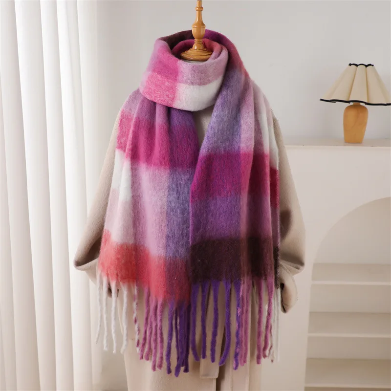 Color: Pink, Size: One Size - 2025 NEW Luxury Cashmere Women Plaid Scarf Winter Warm Shawl and Wrap Bandana Pashmina Long Tassel Female Foulard Thick Blanket
