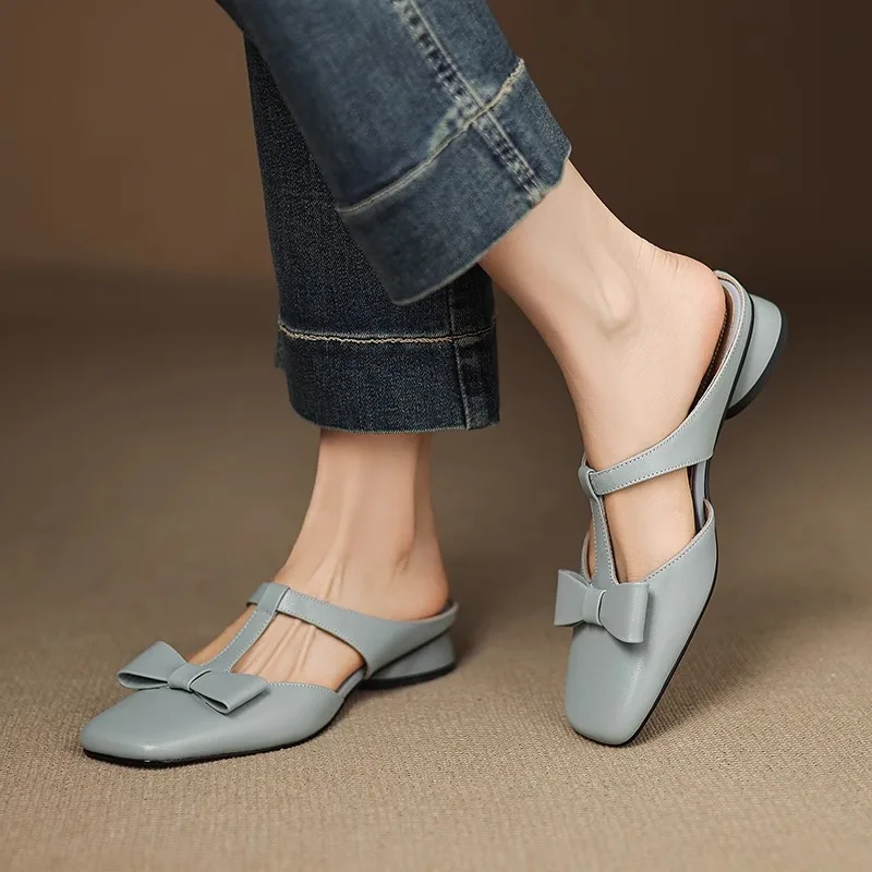 Color: LIGHT BLUE, Shoe Size: 36 - New Spring Summer Butterfly-Knot Patent Leather Pointed Toe Women Slippers Fashion Thin High Heels Mules Shoes Elegant Pumps