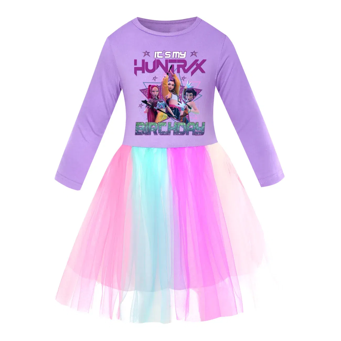 Color: Beige, Kid Size: 3T - KPop Demon Hunters Kids Clothes Long Slevess Dresses Cotton Rainbow Full Dress Teen Fashion Girl's Clothing Party Clothes 5001