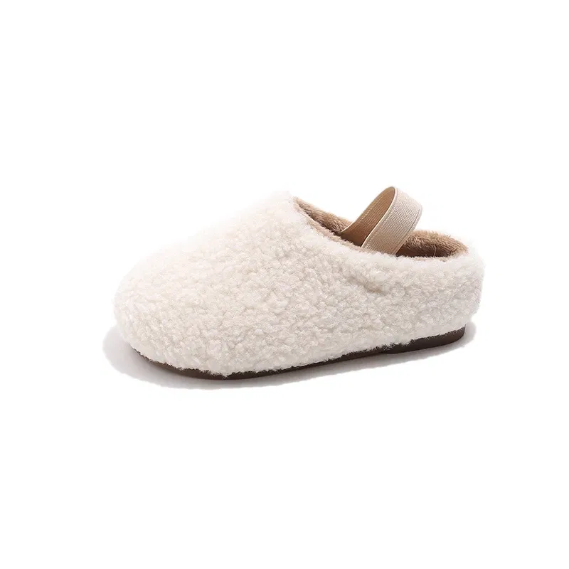 Color: WHITE, Shoe Size: 23.5 - Teddy Fur Mule For Baby Kids Winter Warm Plush Slipper Toddler Child Casual Pull-on Fluffy Cotton Shoe with Back Elastic Strap