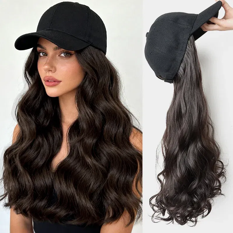 Color: #4 - 20Inch Synthetic Long Curly Hat Wig Baseball Cap Black Brown Hairpiece Adjustable Hat Wigs for Women