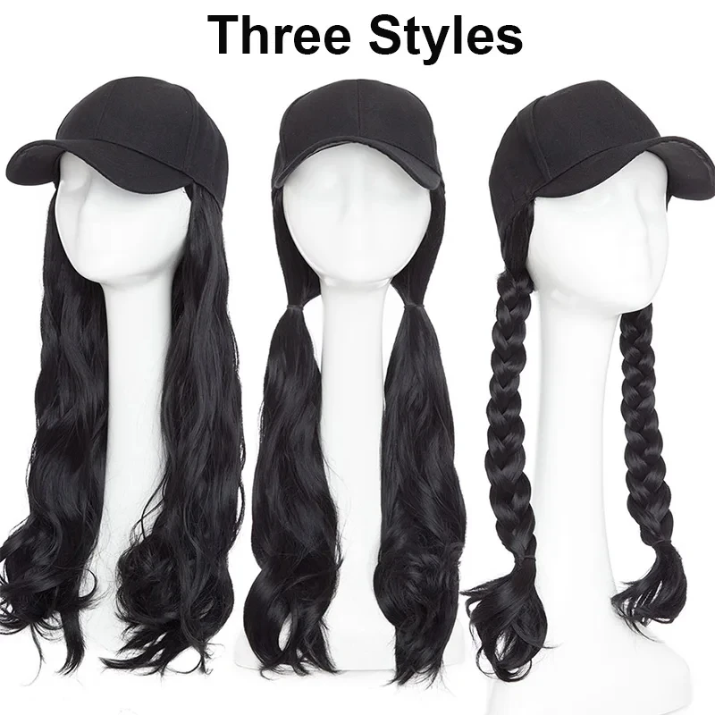Color: #4 - 20Inch Synthetic Long Curly Hat Wig Baseball Cap Black Brown Hairpiece Adjustable Hat Wigs for Women