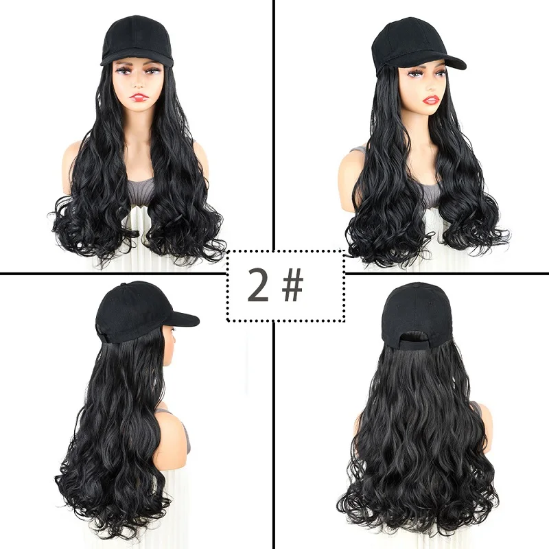 Color: #4 - 20Inch Synthetic Long Curly Hat Wig Baseball Cap Black Brown Hairpiece Adjustable Hat Wigs for Women