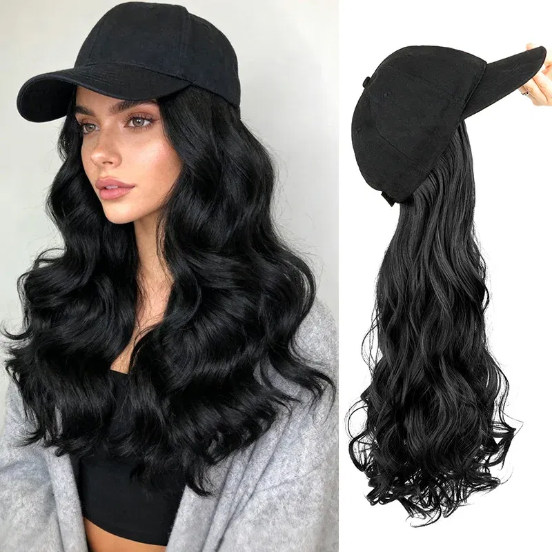 Color: #4 - 20Inch Synthetic Long Curly Hat Wig Baseball Cap Black Brown Hairpiece Adjustable Hat Wigs for Women