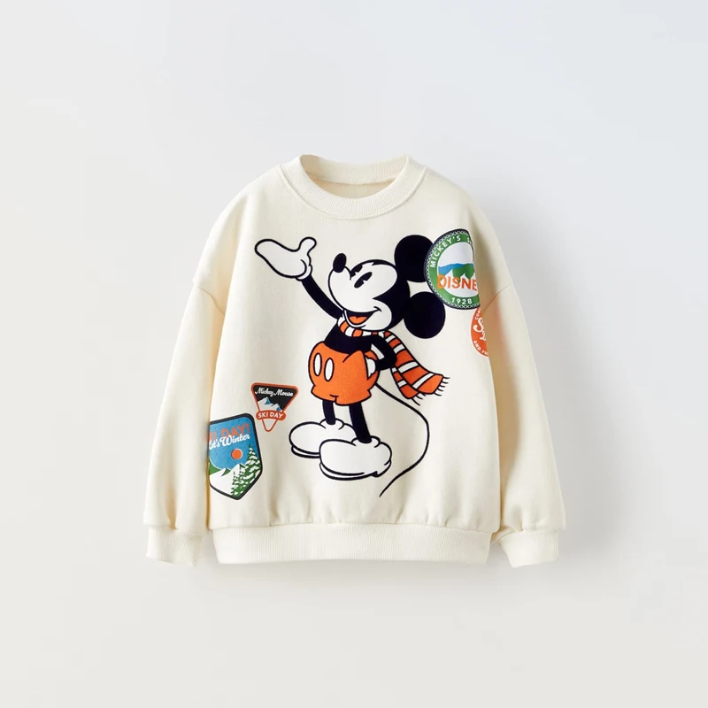 Color: Beige, Kid Size: 24M - Spring New Mickey Sweatshirt Loose Fashion Long Sleeved Tops O-neck Children Baby Casual Hoodies Boys Clothing Cartoon Sweater