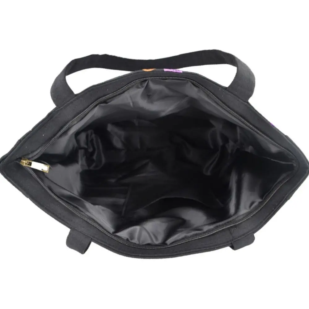 Color: Black - Ethnic Style Women Shoulder Bag Casual Canvas Large Capacity Embroidered Tote Bag Handbag Colorful Shopping Bag