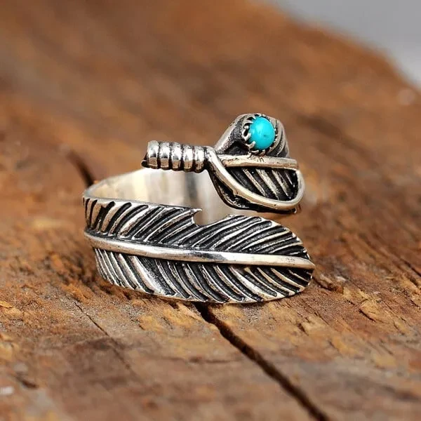 🎄Christmas Pre-Sale🎁Boho Feather Turquoise Adjustable Ring