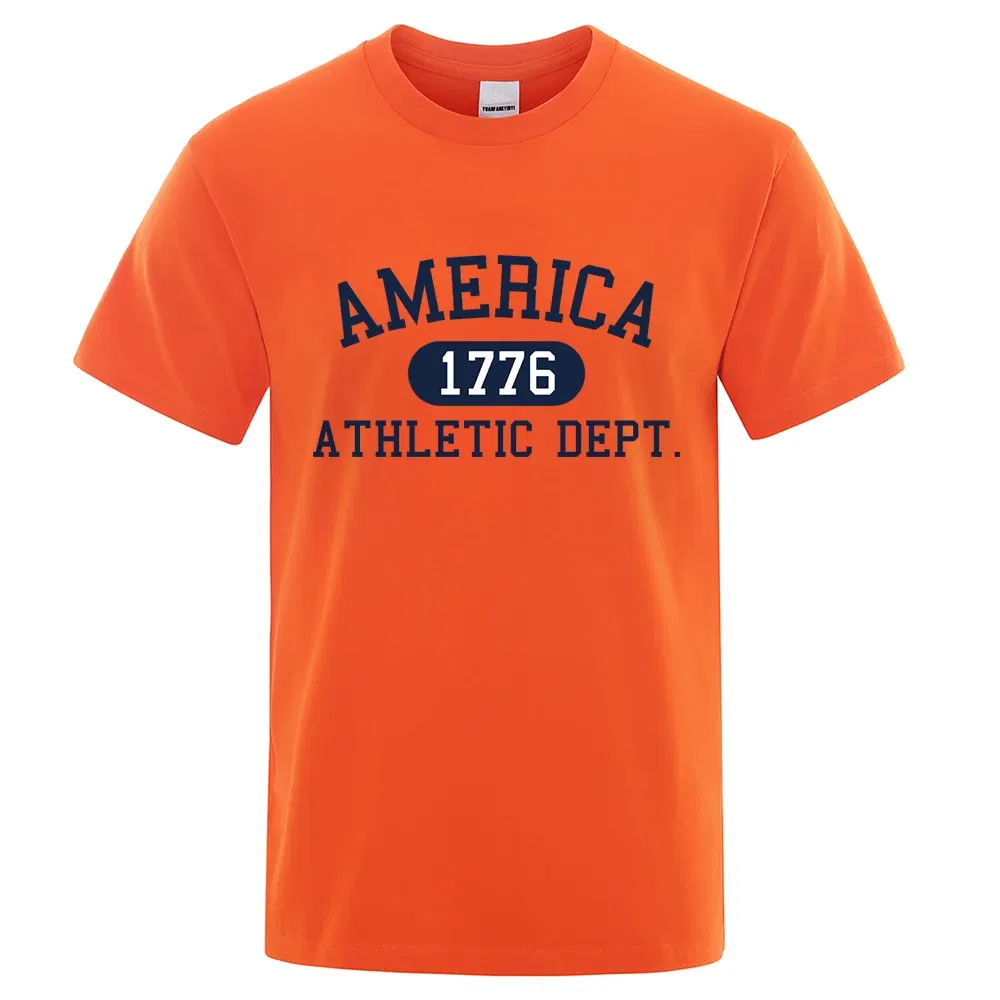 Color: Dark Grey, Size: XL - America 1776 Athletic Dept Letter Tshirt Man Fashion Tee Clothes Summer Luxury T-Shirt Hip Hop Breathable Cotton Tee Clothes