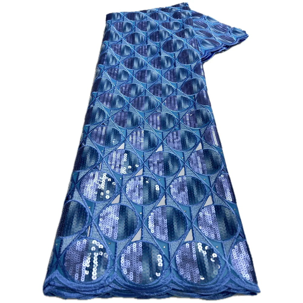 Color: Blue, Length: 5 yards, Width: 120cm - 5 Yards High grade African Organza Cutout Lace Clean Holed Sequins Voile Fine Textured Nigerian Fabric For Occasions Celebrants