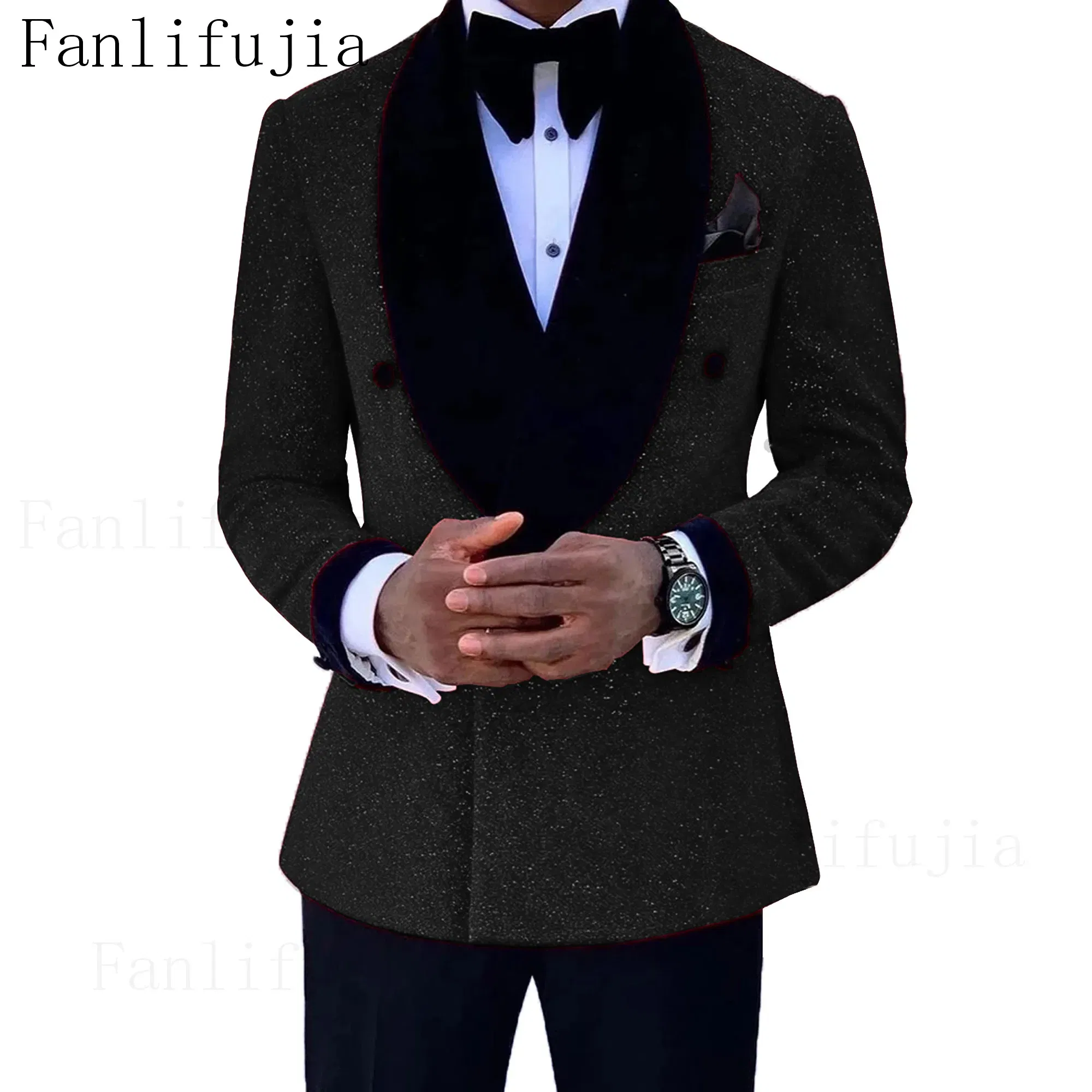 Color: black, Size: XS - Fanlifujia Luxury Red Glitter Suits Men Groom Wedding Tuxedo Double Breasted Blazer Formal Evening Party Prom Dress 2 Pieces Set