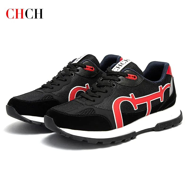 Color: black, Shoe Size: 8.5 - CHCH Men's Tennis Shoes Black Cow Leather Material Stitching Design Men's Shoes Sports Shoes