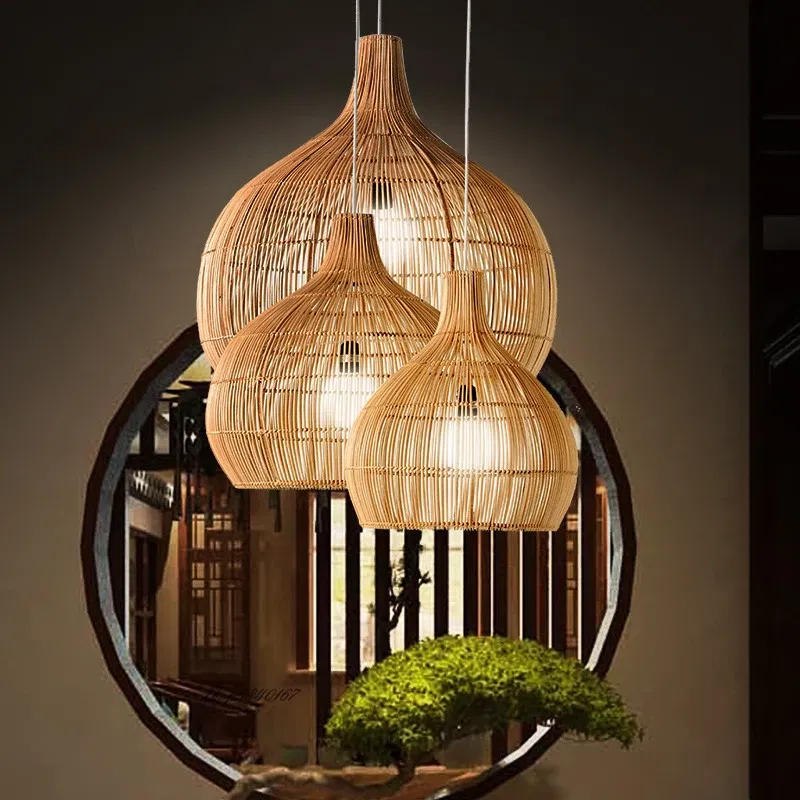 Body Color: Green, Size: L - Vintage Rattan Pendant Lights Hand-woven Rattan Hanging Lamp Lights for Living Room Decoration Dining Room Lamps E27 Suspension