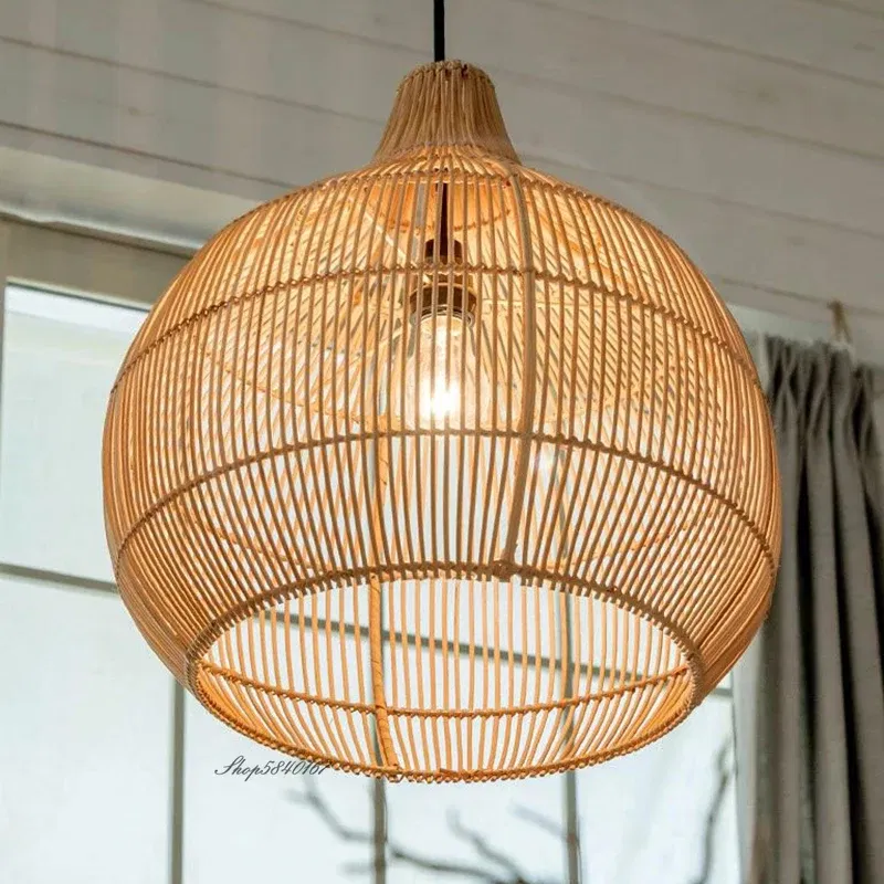 Body Color: Green, Size: L - Vintage Rattan Pendant Lights Hand-woven Rattan Hanging Lamp Lights for Living Room Decoration Dining Room Lamps E27 Suspension